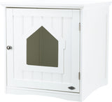 Weißes Möbelstück mit Tür, quadratischem Fenster in Hausform, silbernem Griff und vertikaler Holzvertäfelung.