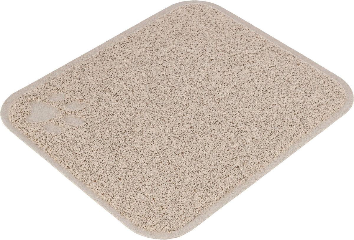 Rechteckige beige Matte mit strukturierter Oberfläche und einer Pfotenabdruckprägung in der Ecke.