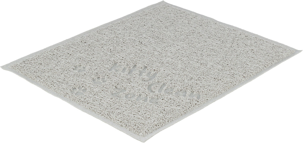 Weiße rechteckige Matte mit strukturiertem Muster und eingearbeitetem Text "Kitty Clean Zone".