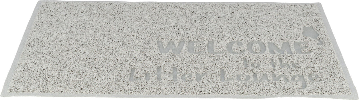 Beige Matte mit der Aufschrift "WELCOME to the Litter Lounge" und einer kleinen Katzen-Silhouette rechts.