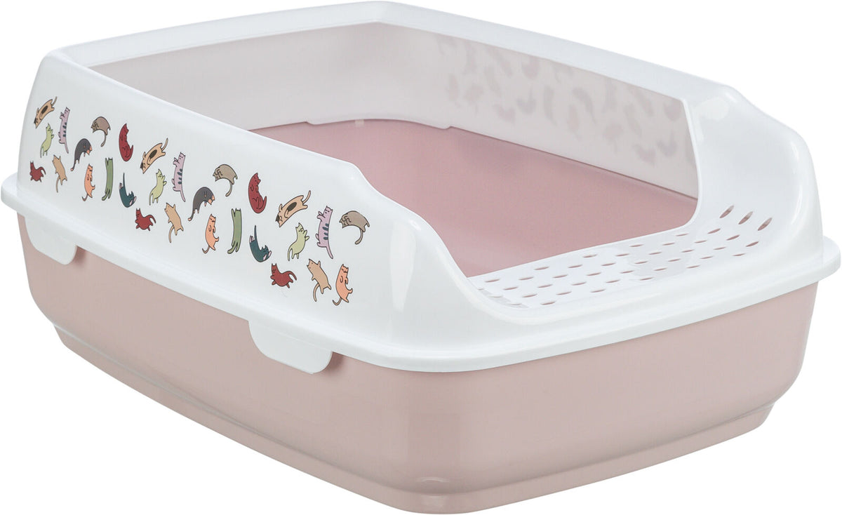 Offene Katzentoilette in Rosa und Weiß mit Katzenmotiven auf der Außenseite und einem erhöhten Rand.