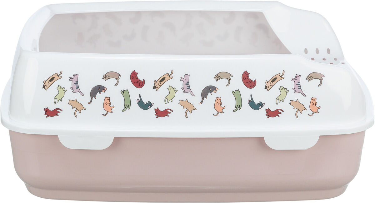 Geschlossene Katzentoilette mit cremefarbenem Deckel und buntem Katzendruck auf der Vorderseite.