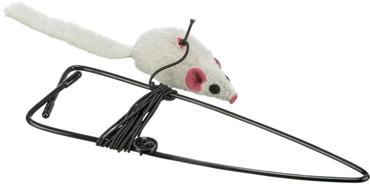 Spielzeug mit weißer Stoffmaus mit rosa Details und schwarzer Metallhalterung, befestigt mit Schnur.