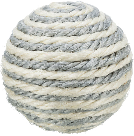 Spiralförmig gewickelter Ball aus beigem und grauem Seil in Nahaufnahme, straff und gleichmäßig gewickelt.