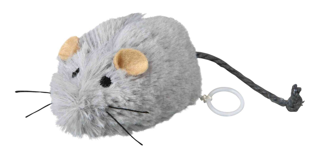 Graues, plüschiges Katzenspielzeug in Form einer Maus mit schwarzen Augen und Schnurrhaaren, gelbe Ohren, Kunststoffring am Schwanzende.