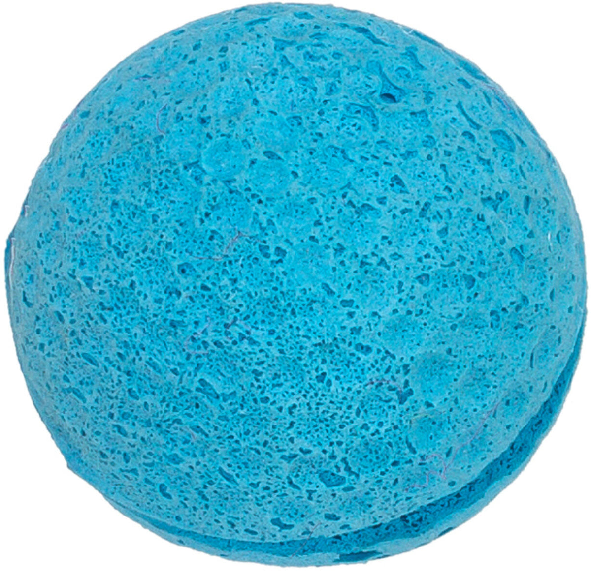 Runder, blauer, poröser Ball mit einer strukturierten Oberfläche.