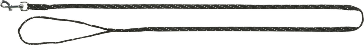 Schwarze Hundeleine mit weißen Punkten, Metallschnalle links, Schlaufe rechts, einfache Ausführung.