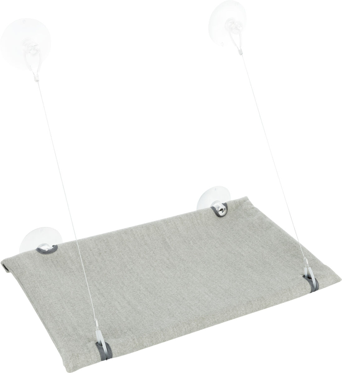 Graue Hängematte mit Saugnäpfen zur Befestigung an einer glatten Oberfläche, zwei dünne Seile zur Stabilisierung.