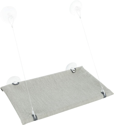 Graue Hängematte mit Saugnäpfen zur Befestigung an einer glatten Oberfläche, zwei dünne Seile zur Stabilisierung.