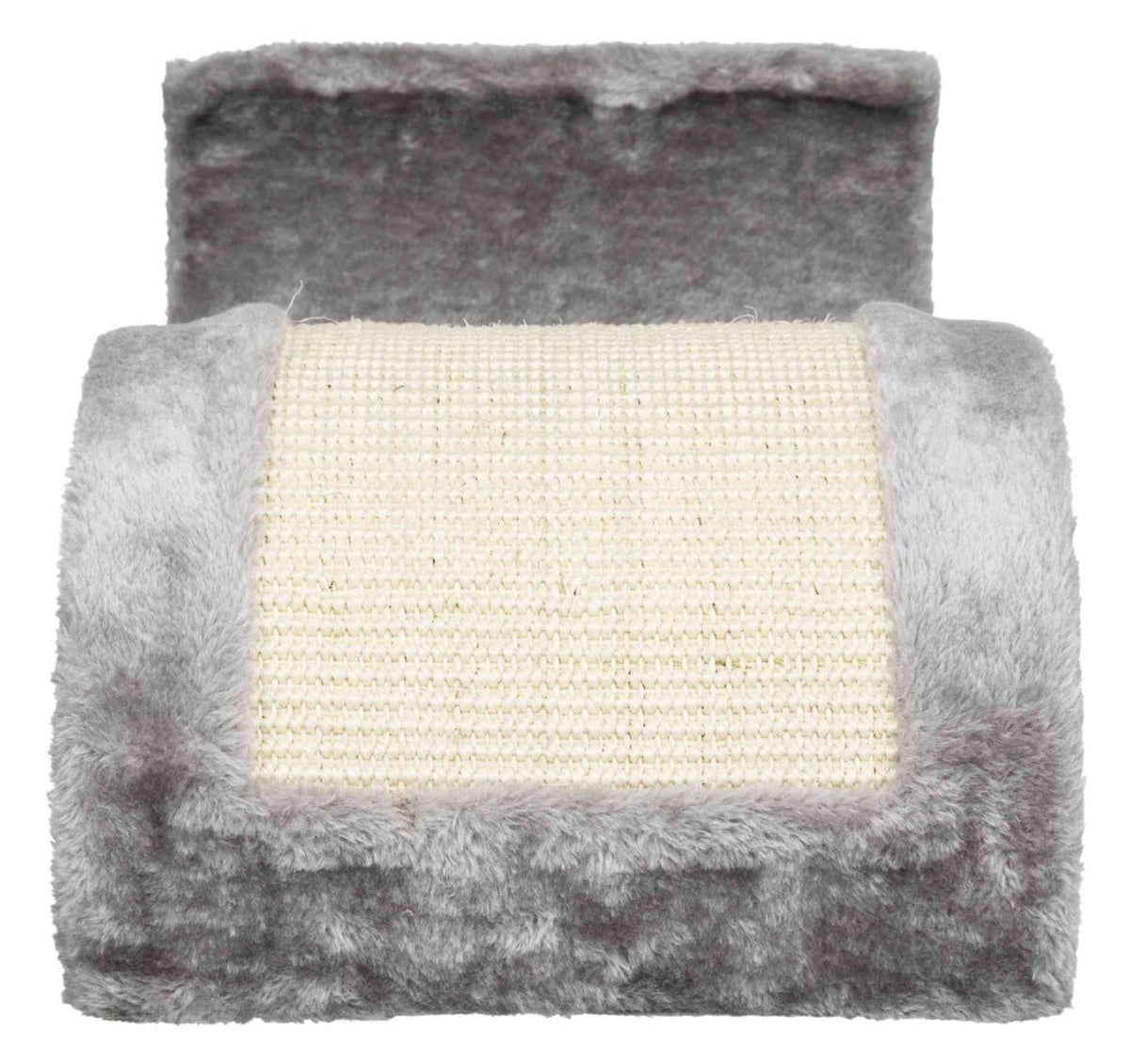 Kompakter Kratzblock mit beigem Sisal in der Mitte und weichem grauen Rand aus Plüschmaterial.