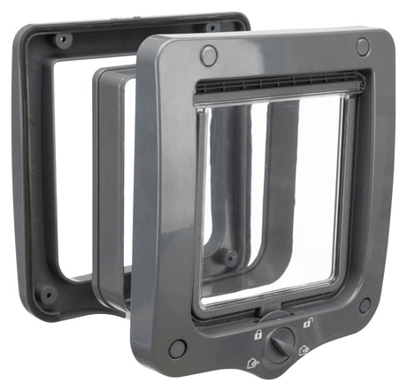 Graue Katzenklappe mit transparentem Fenster und Drehmechanismus zur Verriegelung, quadratische Form.