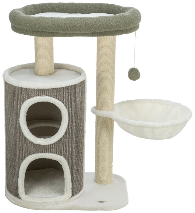 Katzenbaum mit grauem Kratzstamm, zwei Öffnungen, grünem Rand oben, Ball am Seil und weißem Körbchen.