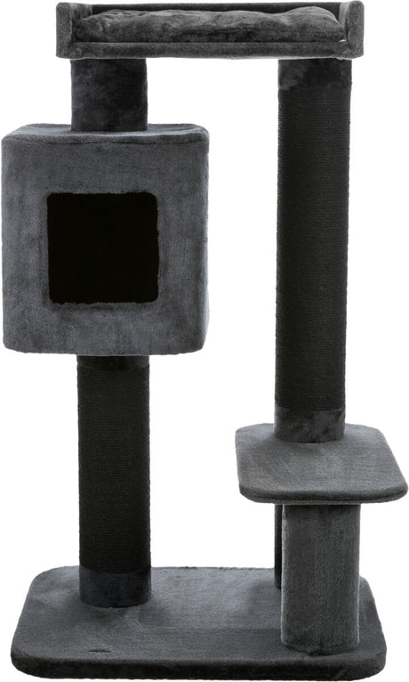 Katzenbaum mit mehreren Ebenen in grau und schwarz, besteht aus einer Höhle und drei Plattformen.