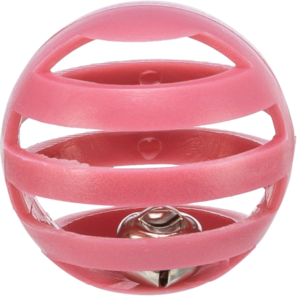 Ein rosafarbener, offener Plastikball mit integrierter Glocke im Inneren, geeignet als Katzenspielzeug.