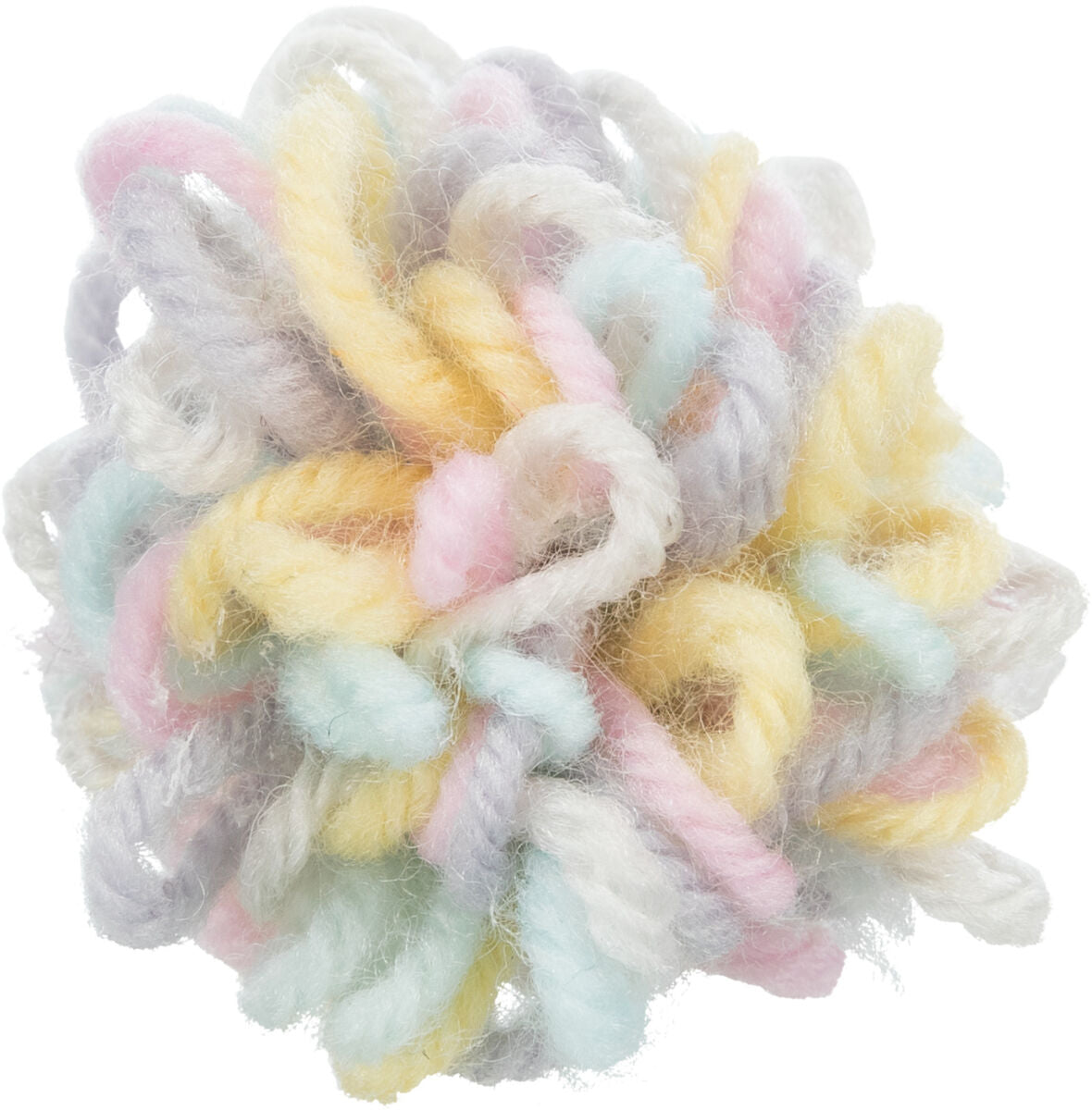 Bunter, flauschiger Wollball in Pastelltönen mit sichtbaren Schlingen und dichter Struktur.