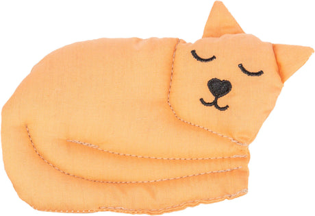 Orangefarbene Stofffigur in Form einer schlafenden Katze mit gesticktem Gesichtsausdruck und Ohren.