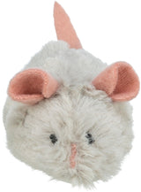 Graues, flauschiges Plüschspielzeug in Form einer Maus mit rosa Ohren und Schwanz, schwarze Augen und Nase.