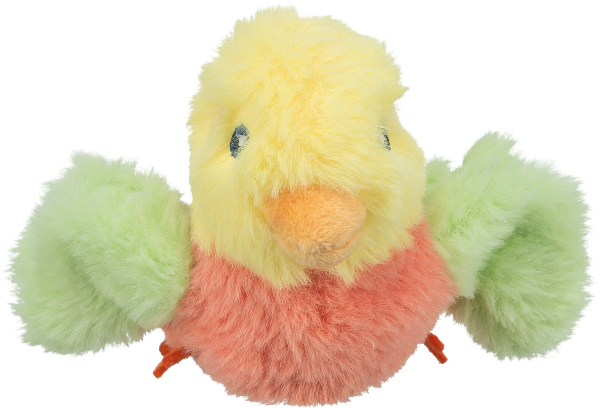 Plüschvogel mit gelbem Kopf, grünem Gefieder und oranger Schnauze auf weißem Hintergrund.