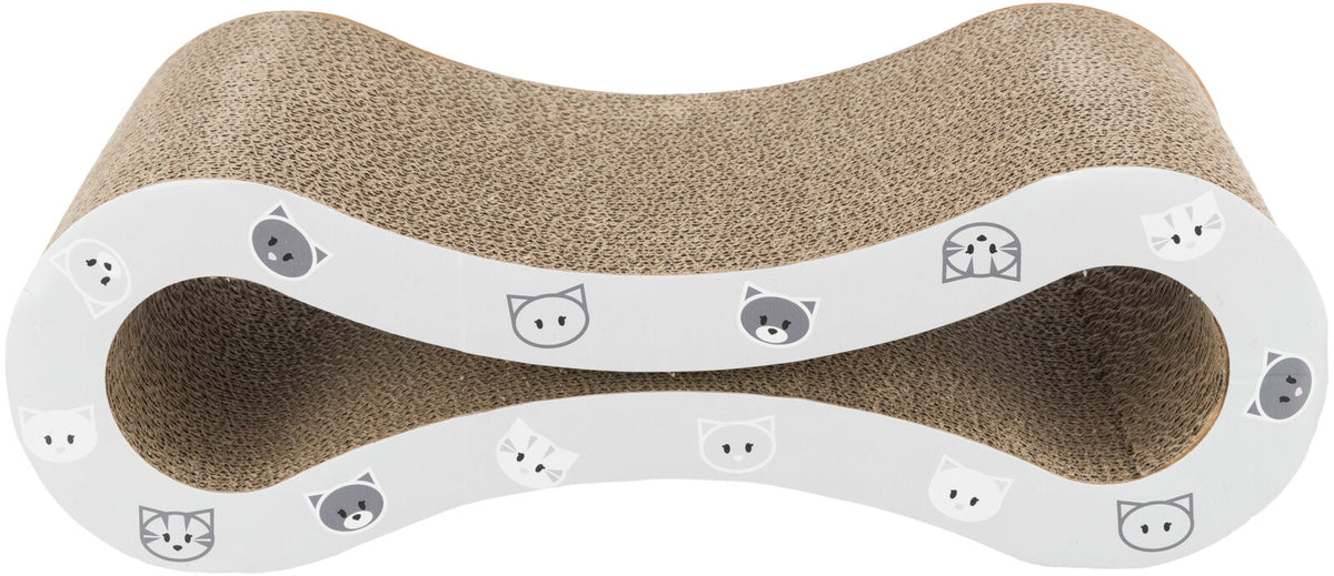 Katzenförmiges, wellenförmiges Kratzbrett aus brauner Pappe mit weißen Seiten, verziert mit Katzenmotiven.