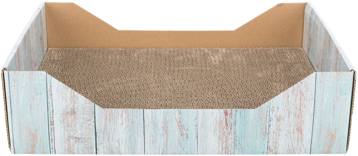 Kartonartige Box mit hellblauer, holzähnlicher Außenseite und einem braunen Wellenkartonboden.
