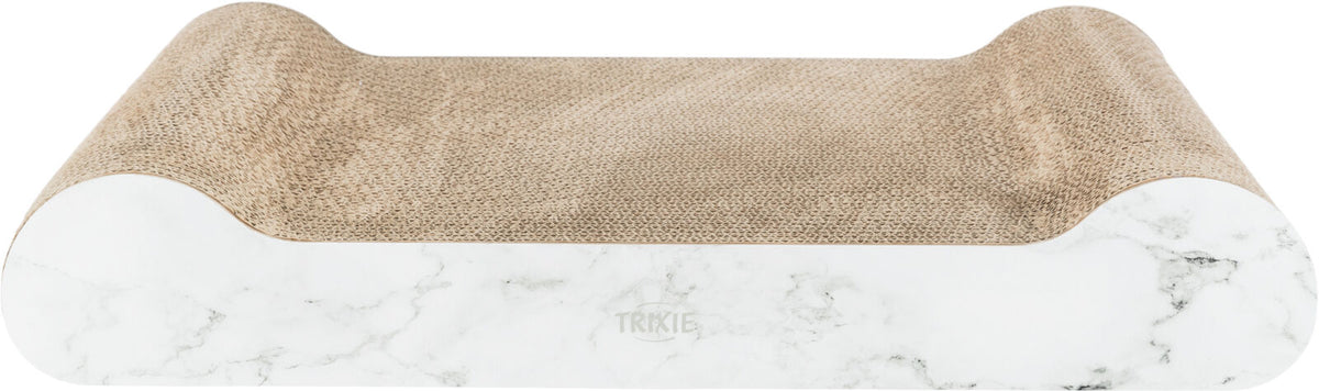 Gerundete, beige Kratzfläche auf rechteckiger, weiß marmorierter Basis mit der Aufschrift "Trixie".