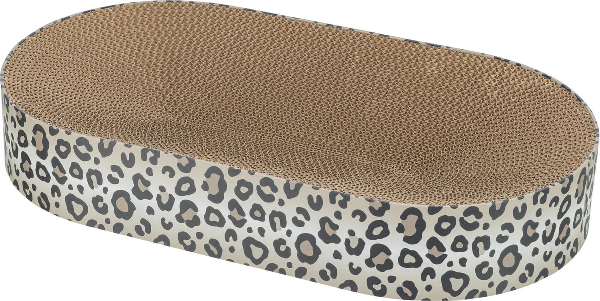 Ovale Kratzmatte aus Wellpappe mit Leopardenmuster an den Seiten und brauner strukturierter Oberfläche.