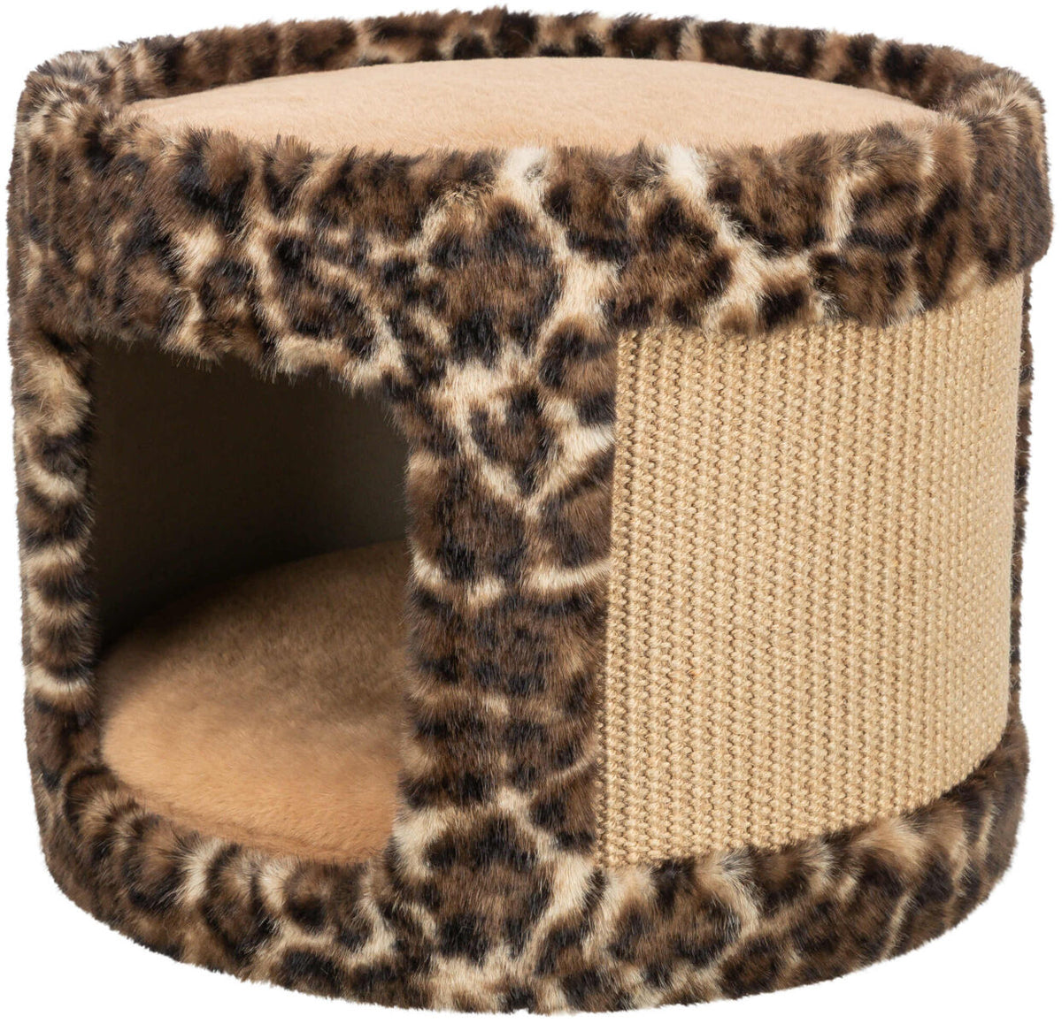 Runde Höhle mit Leopardenmuster, offener Eingang, strukturierte Seiten, weiche beige Liegefläche oben und innen.