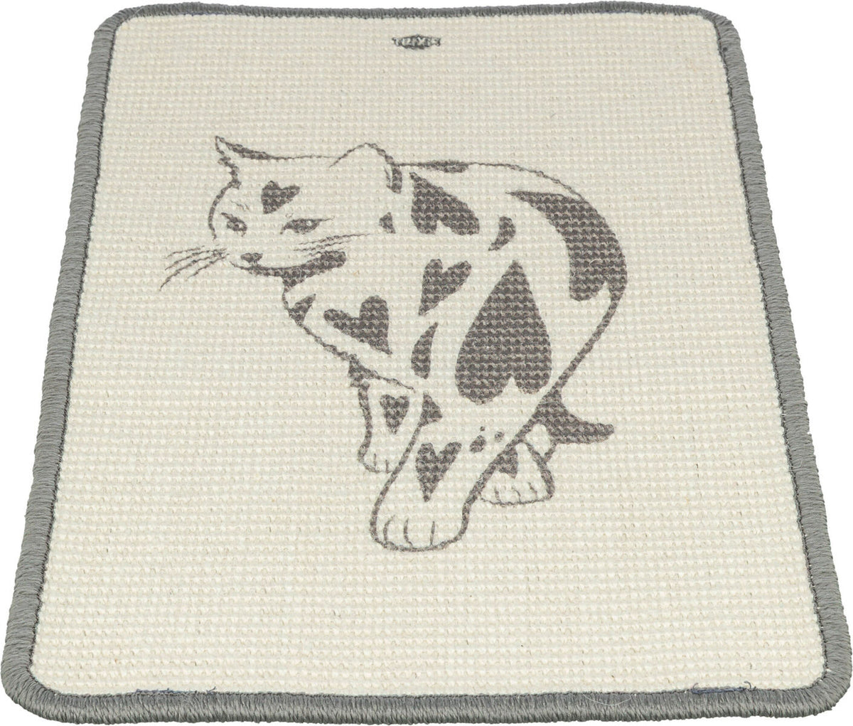 Beige Teppich mit grauem Rand und Katzenmotiv, das Herzen als Flecken zeigt.