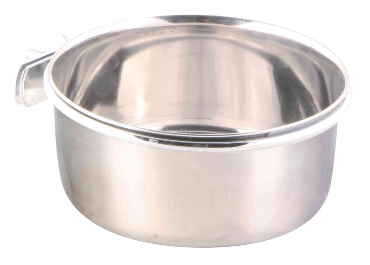 Metallnapf aus glänzendem Stahl mit rundem Rand und Halterung an der Seite.