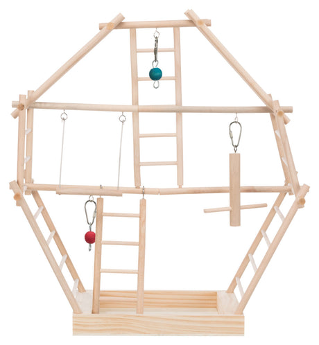 Holzklettergerüst mit Leitern, Schaukeln und hängenden bunten Kugeln, geeignet als Spielzeug für Vögel.