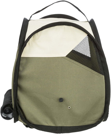 Ein olivgrüner und cremefarbener Rucksack mit schwarzen Nähten und Netzfenster, vorne mit Griff oben.