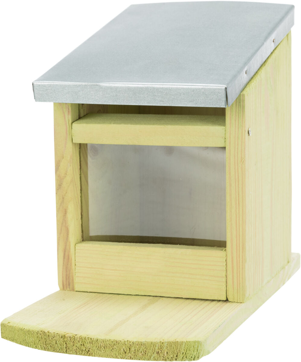 Holz- und Metall-Futterstation mit durchsichtigem Frontbereich und abgeschrägtem Metalldach, grünlich-gelbe Farbgebung.
