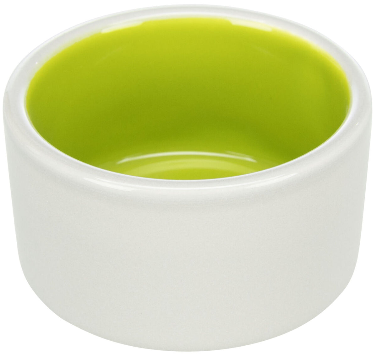 Weiße Schüssel mit limettengrüner Innenseite, zylindrische Form, glatte Oberfläche.