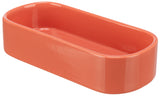 Orange, rechteckige Keramikschale mit abgerundeten Ecken und glänzender Oberfläche.