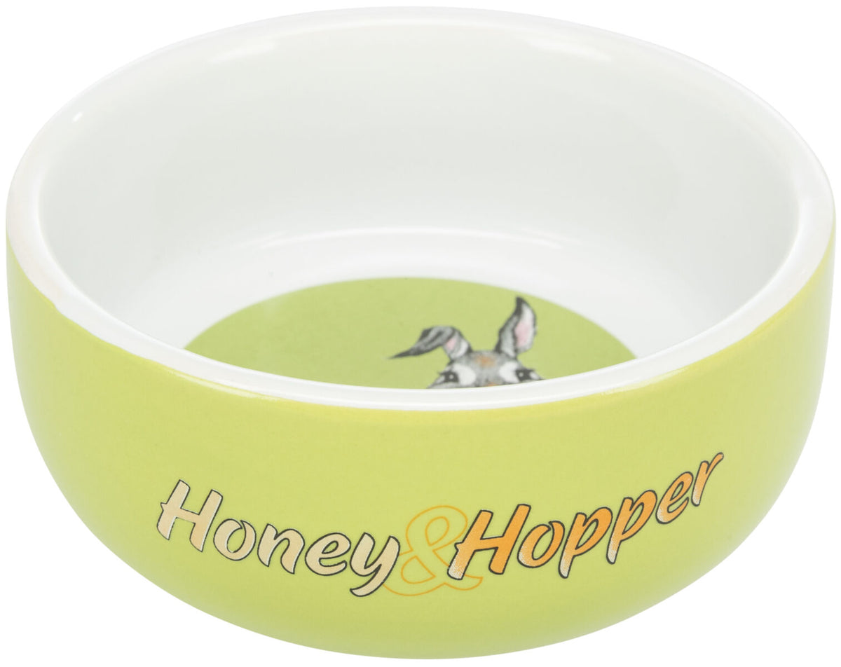 Keramikschale in Hellgrün mit dem Text "Honey &amp; Hopper", Innenboden mit Hasenmotiv.