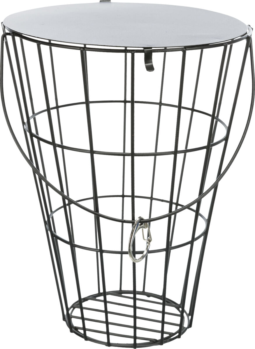 Schwarzer Drahtkorb mit flachem, rundem Deckel und einem Haken vorne, offene Gitterstruktur, Metalloptik.
