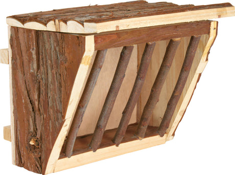 Rechteckiges Holzgitter mit natürlicher Rindenstruktur, diagonalen Holzstäben und offenem Rückenteil.