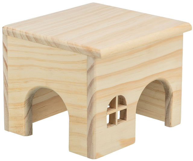 Holzhaus mit Flachdach und zwei gewölbten Eingängen sowie einem Fenster an der Seite, in natürlicher Holzfarbe.