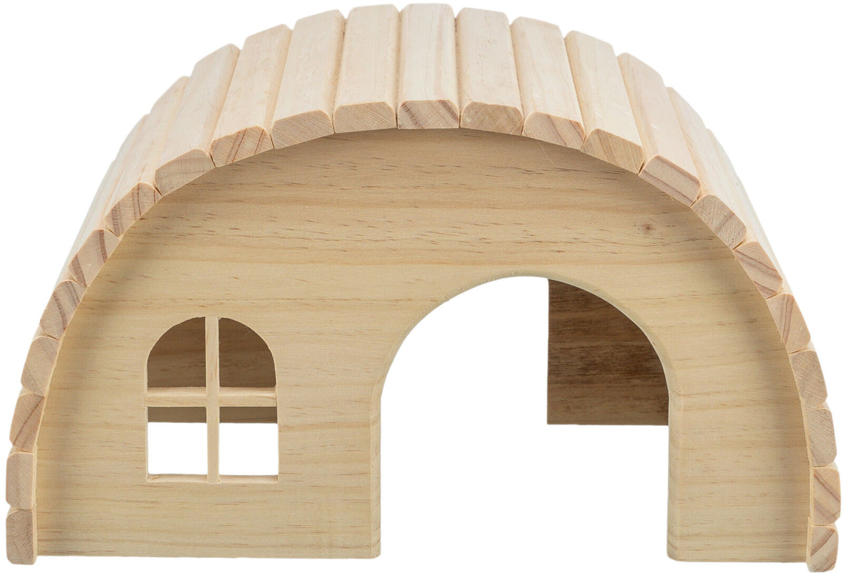 Holzhöhle mit gewölbtem Dach und kleinem Fenster, natürlicher Holzfarbton, geeignet für Kleintiere.