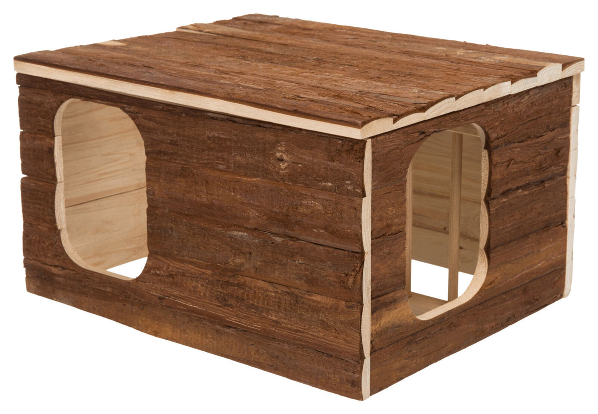 Holzhöhle mit rustikalem Design, rechteckig, zwei große seitliche Öffnungen, braunes Holz mit naturbelassener Optik.