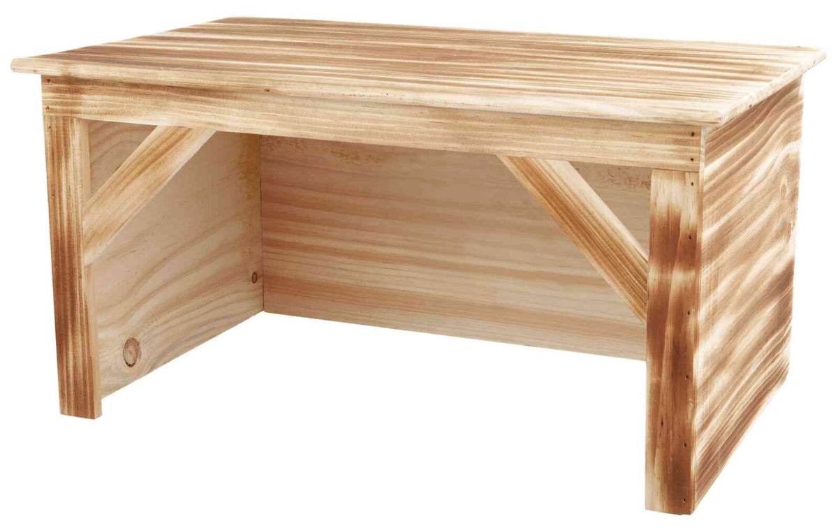 Holztisch mit rechteckiger Platte und sichtbarer Maserung sowie stabilen Beinen und Querstreben.