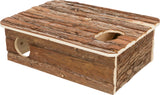 Holzbox mit Rindenoberfläche, rechteckig, mit zwei runden Eingängen an den Seiten und einer Öffnung oben.