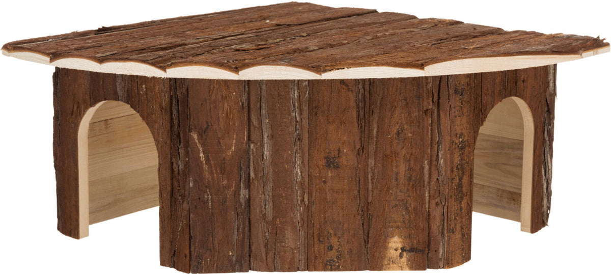 Holzhäuschen mit brauner Rindenverkleidung, zwei halbrunde Eingänge, flaches Dach mit rustikaler Optik.
