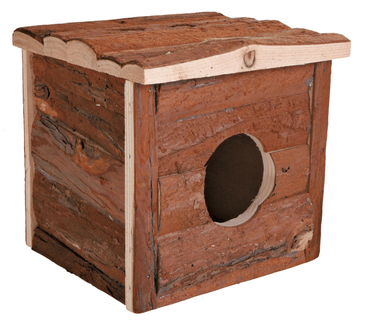 Holz-Nistkasten mit Rindenelementen und rundem Eingangsloch auf der Vorderseite, sichtbare natürliche Holzmaserung.
