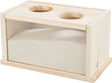Holzkiste mit zwei runden Öffnungen oben, gefüllt mit feinem weißem Sand, Vorderseite transparent.