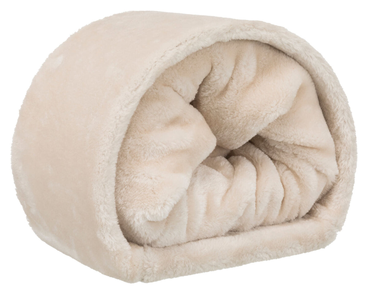 Beige, plüschiges Kissen in Rollenform mit weichem, flauschigem Stoff und offener Vorderseite.