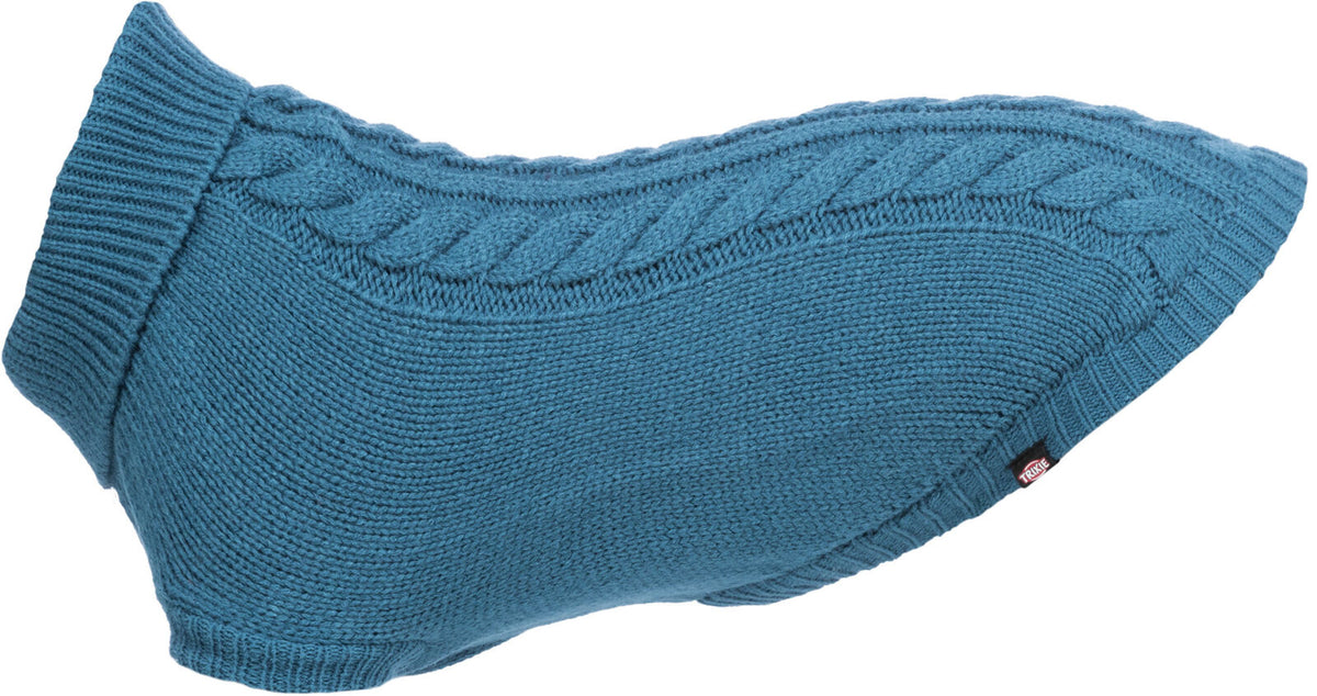 Blauer gestrickter Hundepullover mit Zopfmuster und geripptem Kragen, seitlich ein kleines Label.