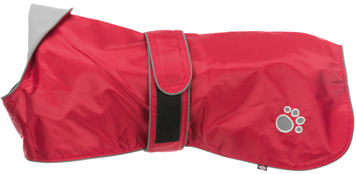 Roter Hundemantel mit grauem Rand, Pfotenabdruck und Befestigungslasche aus Klettverschluss.