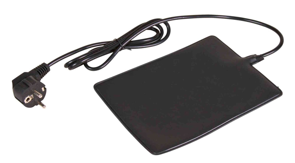 Schwarze elektrische Heizmatte mit rechteckiger Form und daran befestigtem Netzkabel mit Stecker.