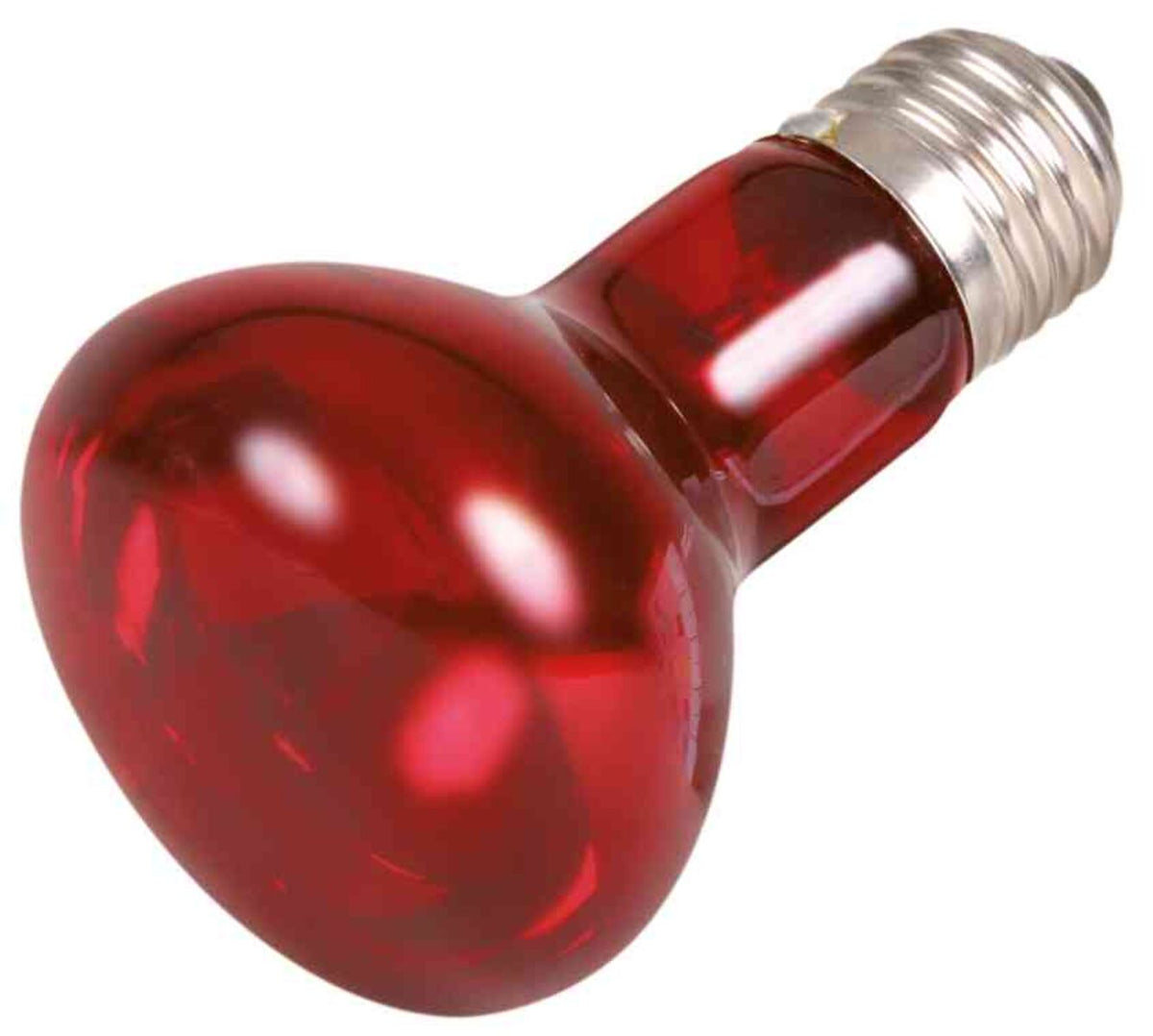 Rote Glühbirne mit glänzender Oberfläche und silberner Fassung, schräg nach rechts zeigend.